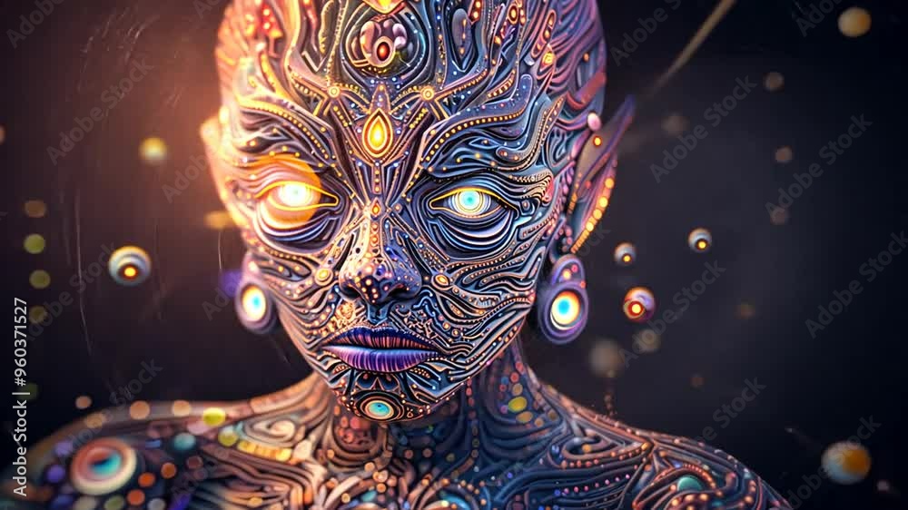 Psychedelic Alien Entity with Glowing Eyes and Intricate Designs in a DMT Experience Psychedelic Alien Entity with Glowing Eyes and Intricate Designs in a DMT Experience