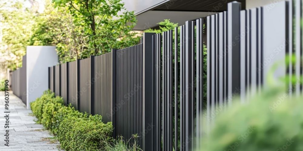Modern black fence with green plants. Modern black fence with green plants.
