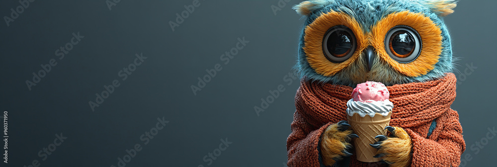 Adorable Blue Owl Holding Ice Cream Cone in Cozy Knitted Sweater Against Simple Gray Background – Warm Colors and Whimsical Mood Adorable Blue Owl Holding Ice Cream Cone in Cozy Knitted Sweater Against Simple Gray Background – Warm Colors and Whimsical Mood