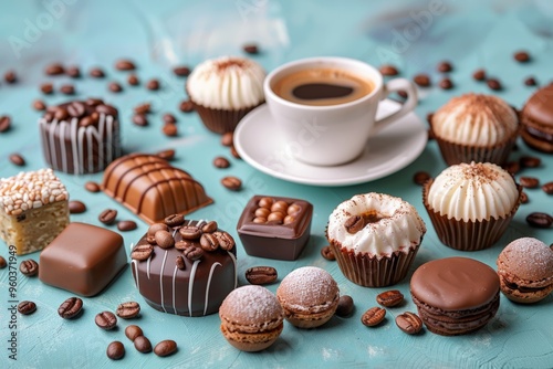 Rich, aromatic coffee surrounded by assorted chocolates and spices, creating a luxurious dessert spread.