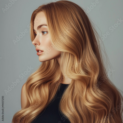 Profile Portrait of Elegant Woman with Long, Flowing Blonde Hair and Flawless Skin Highlighting Natural Beauty