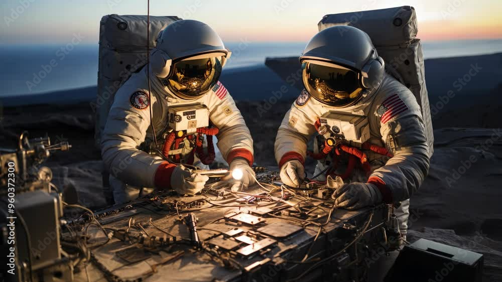 Astronauts conducting experiments on Mars during a stunning sunset