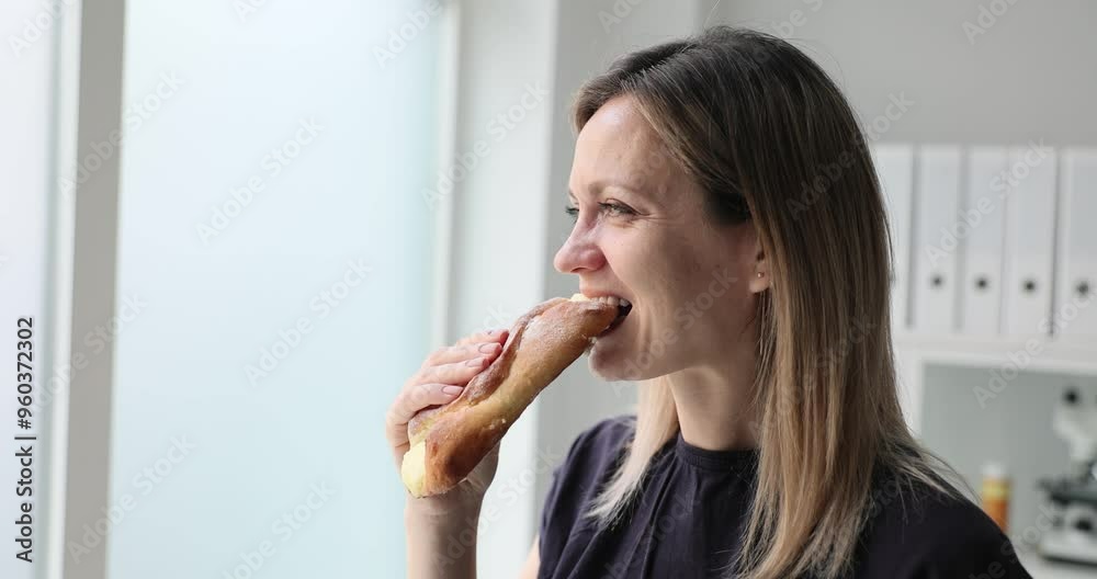 Woman bites tasty ciabatta standing in company office. Female manager eats enjoying delicious pastry with soft texture during lunch break at workplace Woman bites tasty ciabatta standing in company office. Female manager eats enjoying delicious pastry with soft texture during lunch break at workplace