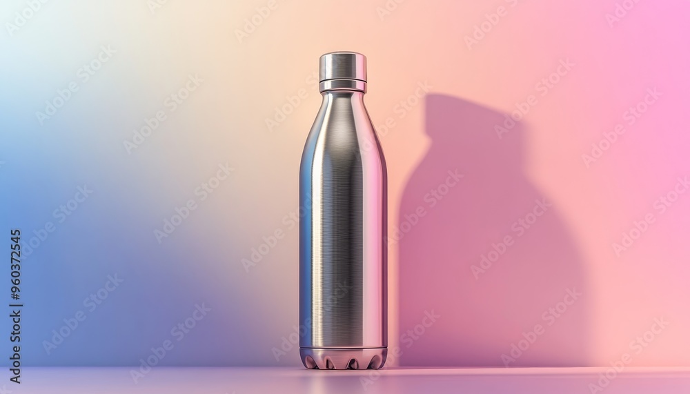 A sleek, metallic water bottle stands against a gradient background, symbolizing hydration and modern design. A sleek, metallic water bottle stands against a gradient background, symbolizing hydration and modern design.