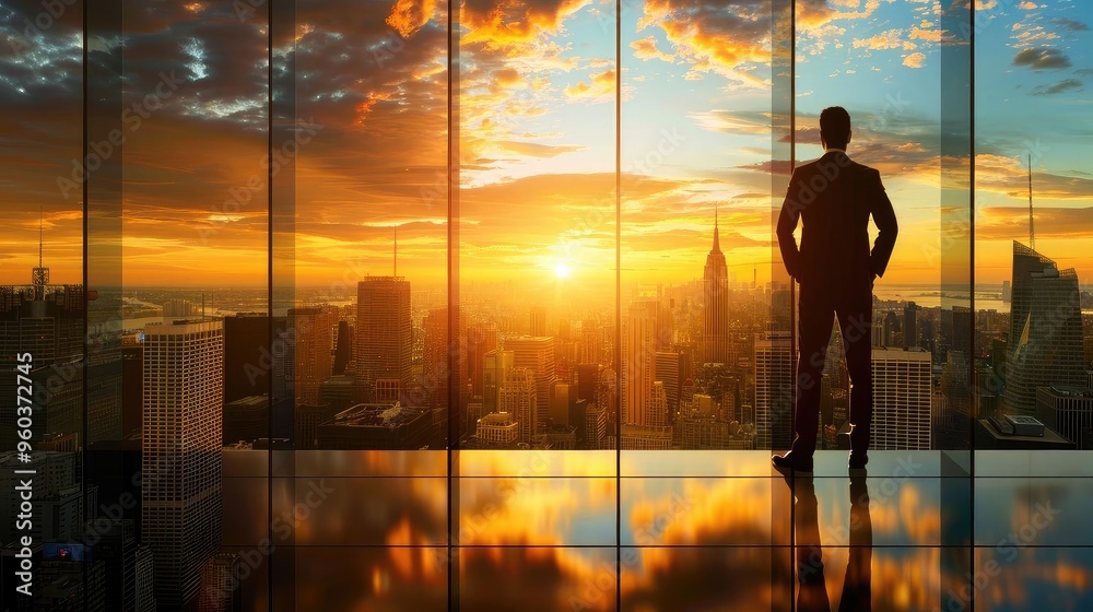 A businessman admiring the sunset view over a modern cityscape from a high-rise office, reflecting ambition and success. A businessman admiring the sunset view over a modern cityscape from a high-rise office, reflecting ambition and success.