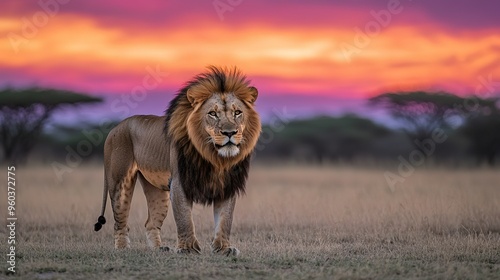 A majestic lion stands proud in the savanna as the sun sets, casting vibrant hues across the sky in a wildlife sanctuary