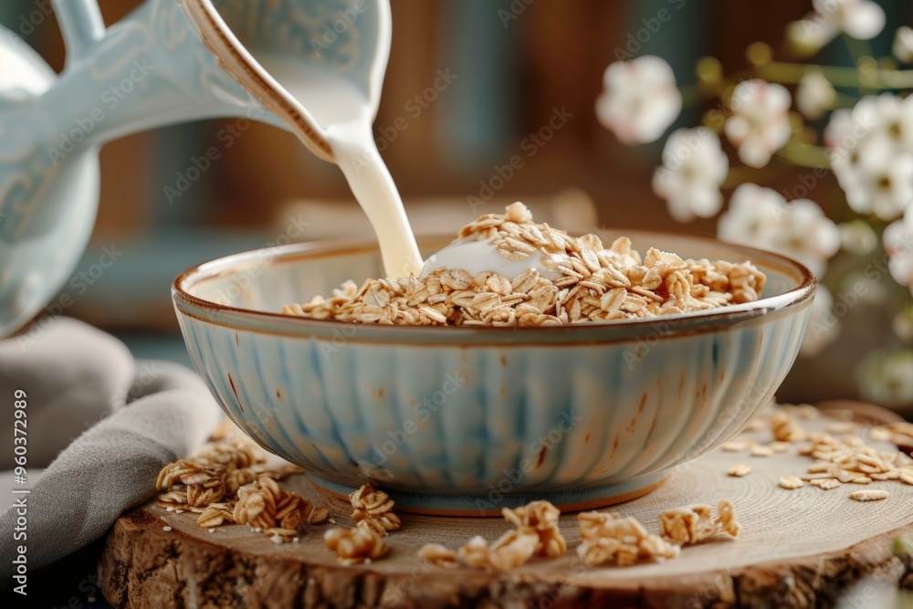 A bowl filled with crunchy oats, as milk is poured, creating a wholesome and nourishing breakfast scene. A bowl filled with crunchy oats, as milk is poured, creating a wholesome and nourishing breakfast scene.