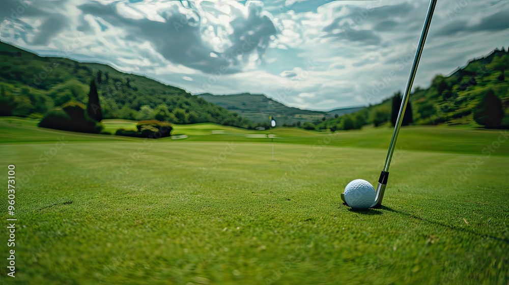 Obraz premium Wide shot of a golf course with a golf club and ball in the foreground, showcasing the lush green landscape and rolling hills. 