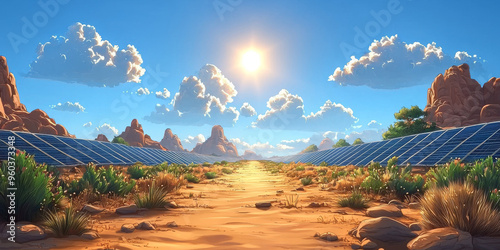 A dirt path leads towards rows of solar panels under a bright, sunny sky. The desert landscape evokes a sense of vastness and potential. photo