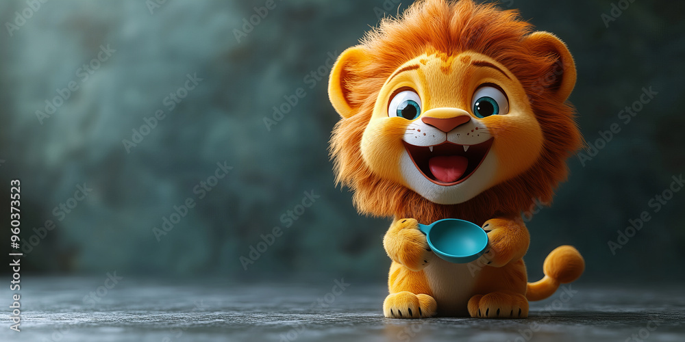Adorable cartoon lion cub holding blue bowl on cool grey background exudes a cheerful and playful mood in a minimalist and whimsical style Adorable cartoon lion cub holding blue bowl on cool grey background exudes a cheerful and playful mood in a minimalist and whimsical style