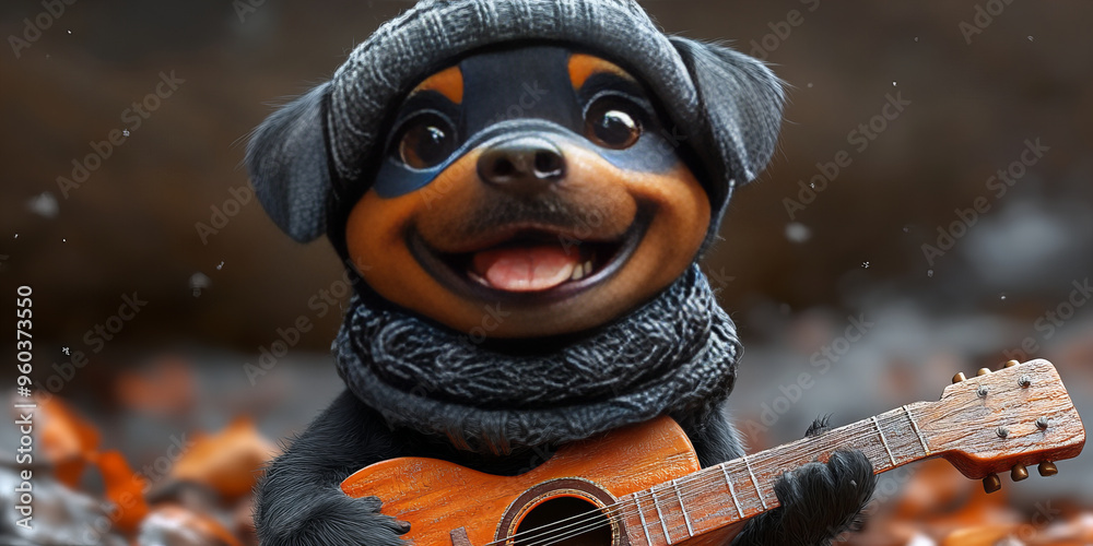 Charming Dog with Knitted Cap Singing and Playing Guitar in Dimly Lit Cozy Atmosphere Creating Joyful and Heartwarming Mood Charming Dog with Knitted Cap Singing and Playing Guitar in Dimly Lit Cozy Atmosphere Creating Joyful and Heartwarming Mood