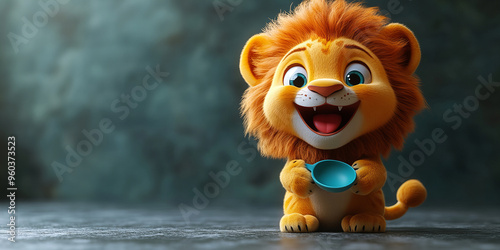 Adorable cartoon lion cub holding blue bowl on cool grey background exudes a cheerful and playful mood in a minimalist and whimsical style photo