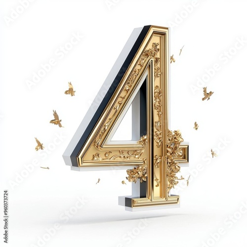 Elegant golden number four with detailed design and butterflies, perfect for celebrations, birthdays, and decorative purposes. photo