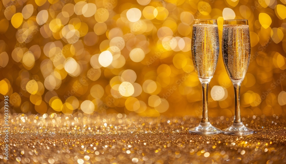 Cheers to 2024: Sparkling Greeting Card with Champagne Glasses on Glitter Background Cheers to 2024: Sparkling Greeting Card with Champagne Glasses on Glitter Background