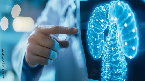 Doctor pointing at a digital hologram of a colon on a screen, representing advanced medical imaging technology in healthcare. photo