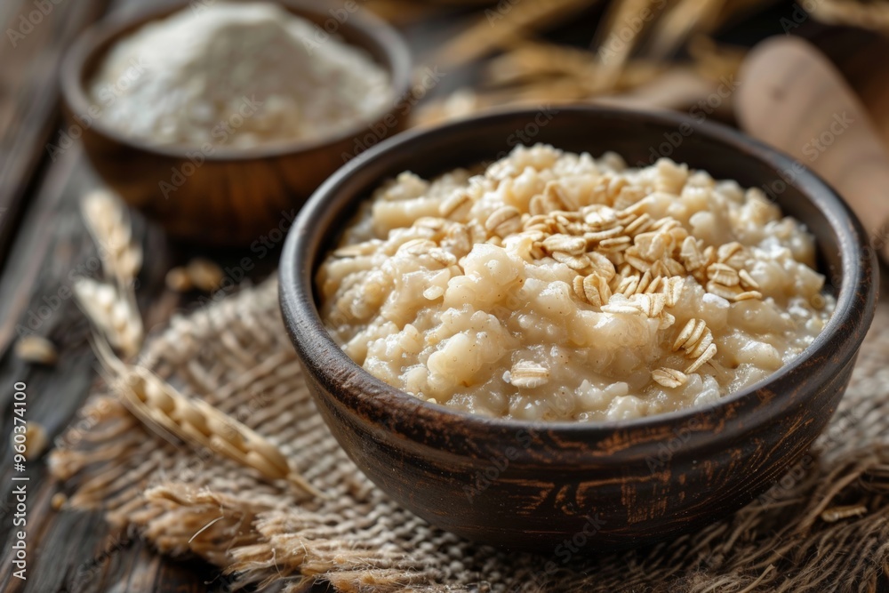 A comforting bowl of warm oatmeal topped with sliced bananas, cinnamon, and oats, served in a rustic wooden bowl. A comforting bowl of warm oatmeal topped with sliced bananas, cinnamon, and oats, served in a rustic wooden bowl.