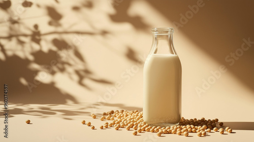 a glass bottle of soy milk with soybeans scattered around against an isolated soft brown background