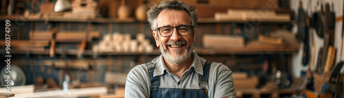 A man with a big smile is standing in a workshop