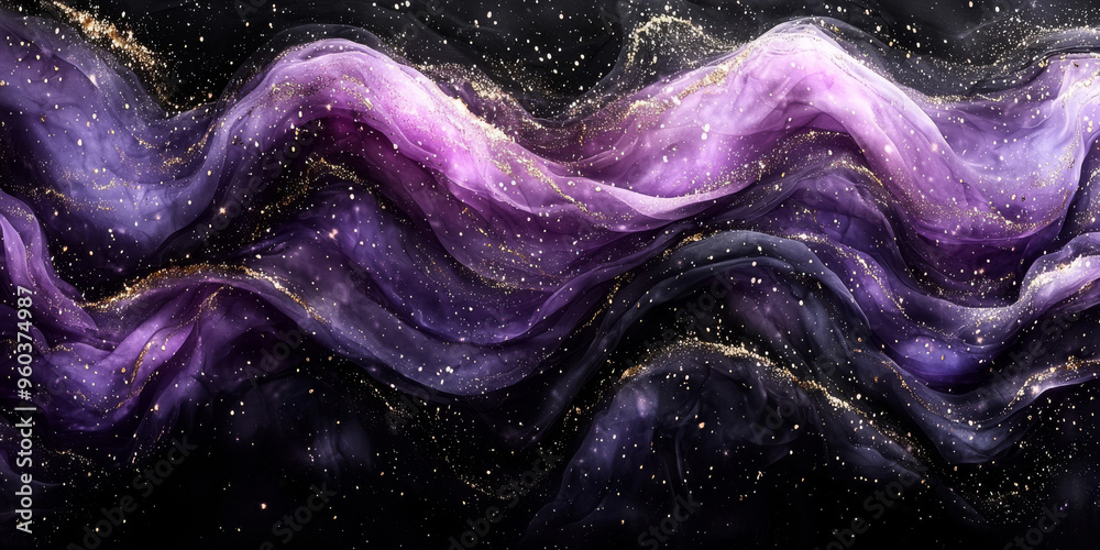 Obraz premium Abstract background of purple, black, and gold fabric with a galaxy effect.