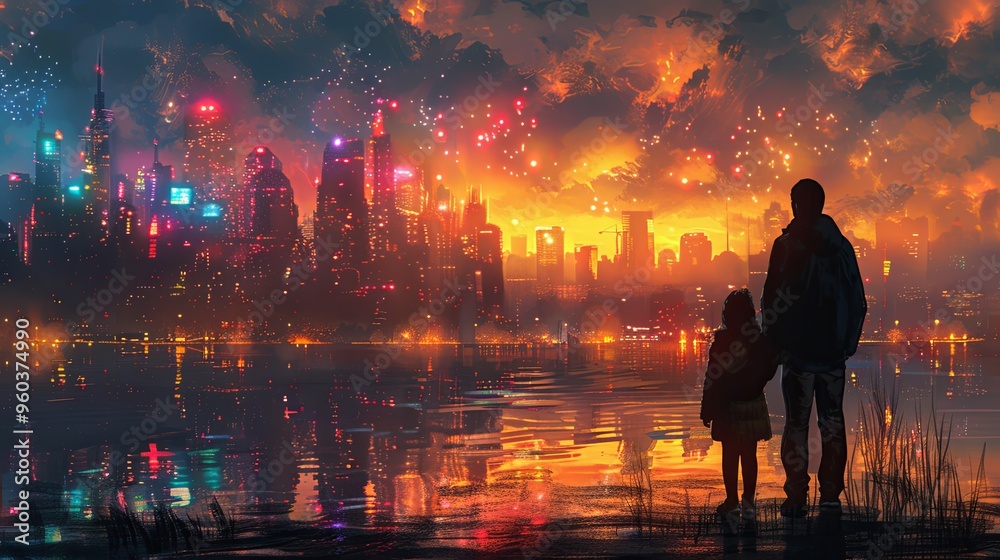 father and daughter looking at the futuristic city with colorful light, digital art style, illustration painting father and daughter looking at the futuristic city with colorful light, digital art style, illustration painting