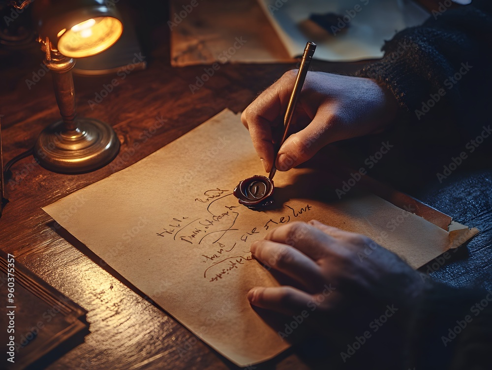 A Hand Sealing an Important Letter with Wax and a Quill A Hand Sealing an Important Letter with Wax and a Quill