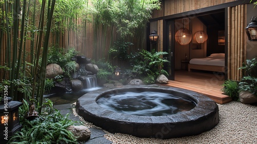 A tranquil Zen garden hot tub, surrounded by tall bamboo, stone lanterns, and a peaceful koi pond, with soft steam rising into the cool air,