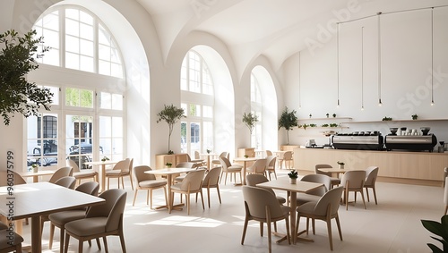 Bright, minimalist café with natural wood decor, large windows, and modern greenery accents
