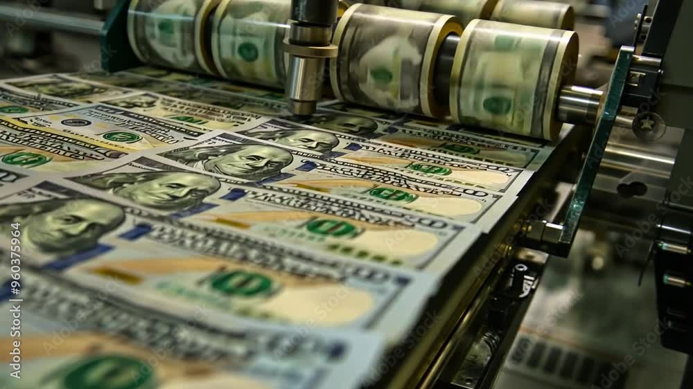 Close-Up of Dollar Bills Moving Through a Currency Printing Press