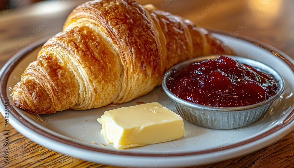 Buttery Croissant with Jam and Butter on a Plate Buttery Croissant with Jam and Butter on a Plate