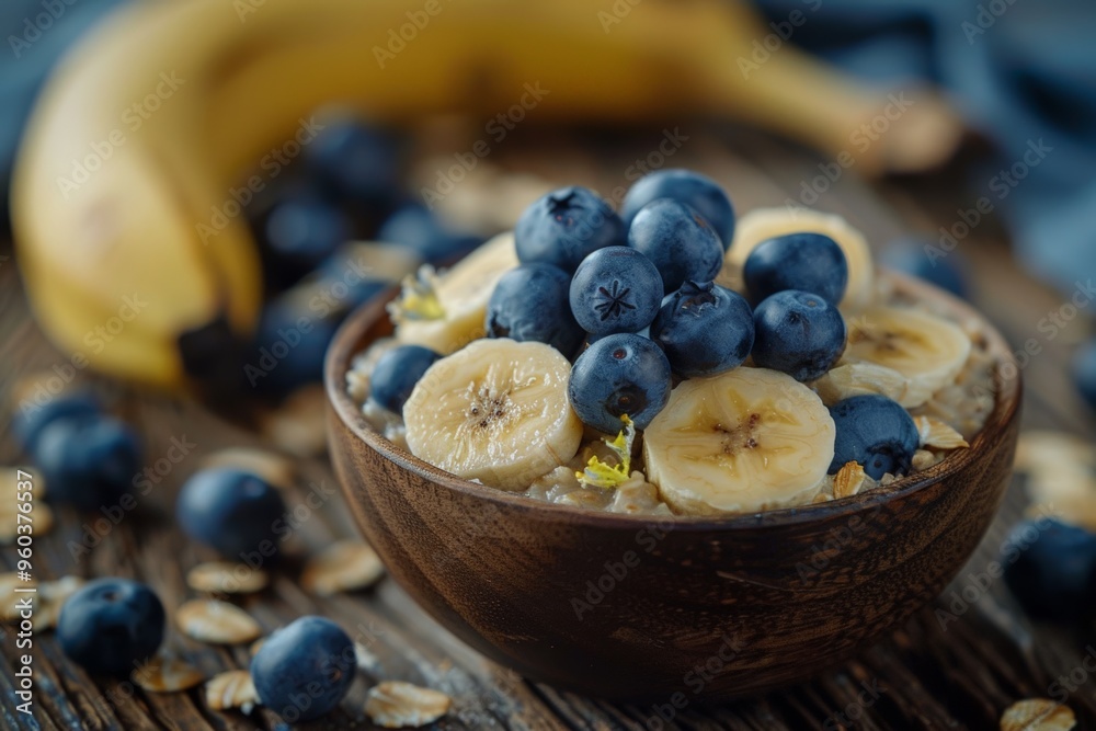 A wooden bowl filled with creamy oatmeal, topped with fresh banana slices and blueberries, dusted with powdered sugar. A wooden bowl filled with creamy oatmeal, topped with fresh banana slices and blueberries, dusted with powdered sugar.