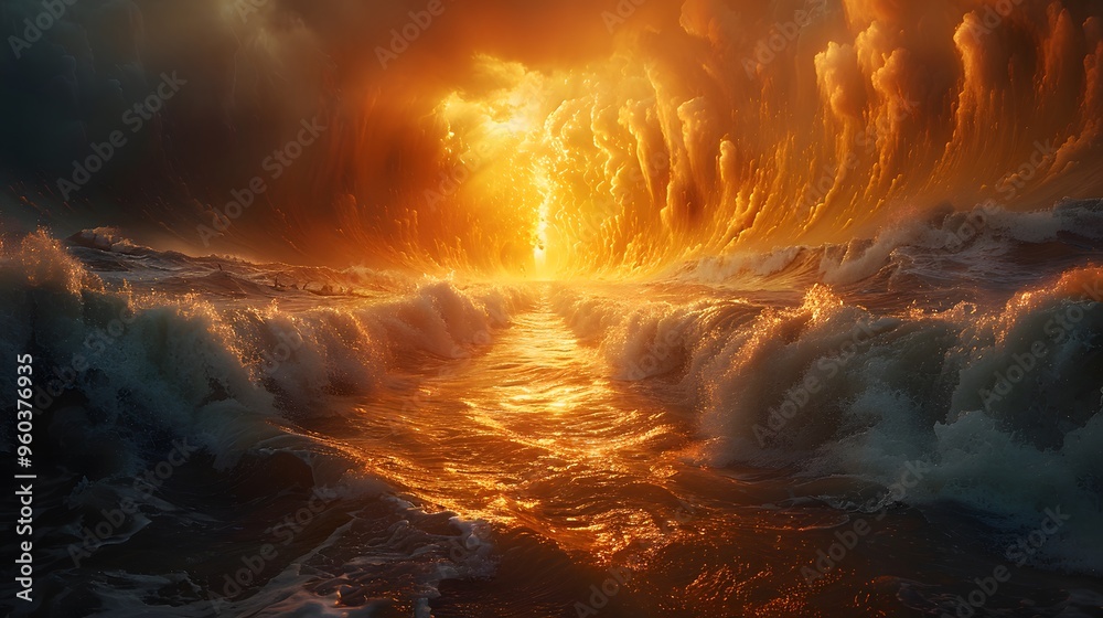 Capture the grand scene of Moses guiding the Israelites through the parted Red Sea, with immense waves on each side and the sky above bathed in a divine, golden light