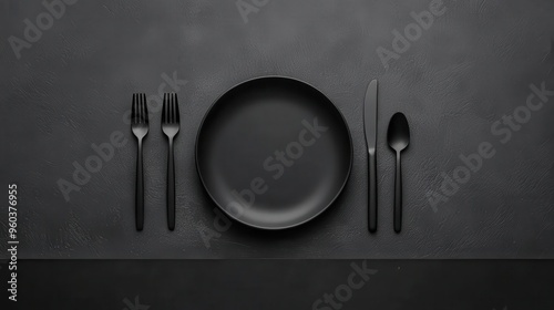 Sleek, contemporary dinner table with matte black plates, minimal lighting, subtle reflections on the silverware, Realistic, Monochrome photo