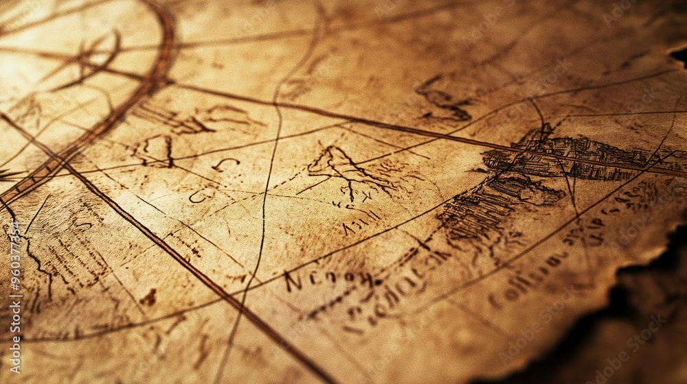 An ancient map display showcasing intricate details of mountainous regions and waterways captured under warm lighting An ancient map display showcasing intricate details of mountainous regions and waterways captured under warm lighting