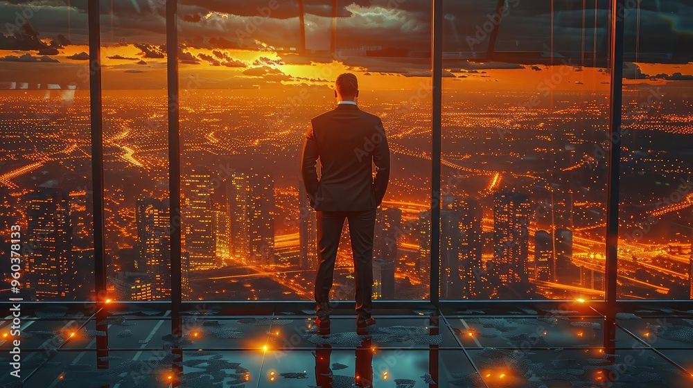 A businessman gazes at a stunning sunset over a vibrant city skyline from a high-rise office. A businessman gazes at a stunning sunset over a vibrant city skyline from a high-rise office.