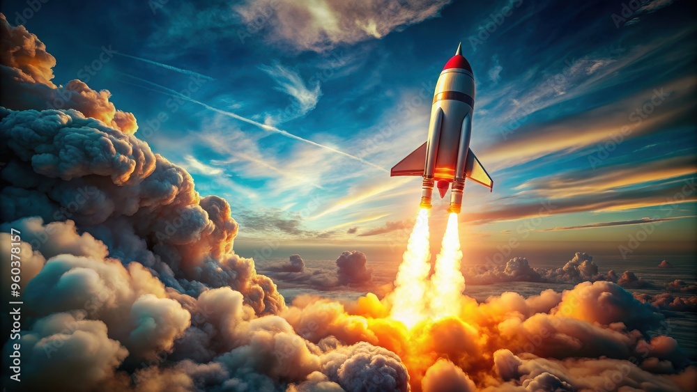 Fototapeta premium Colorful vintage rocket launching into space with fiery exhaust and cloudy sky in action-packed scene, space, rocket, launch