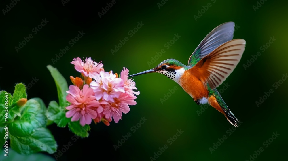 Fototapeta premium A vibrant hummingbird hovers delicately next to a cluster of pink flowers, mid-flight, in a lush green setting.