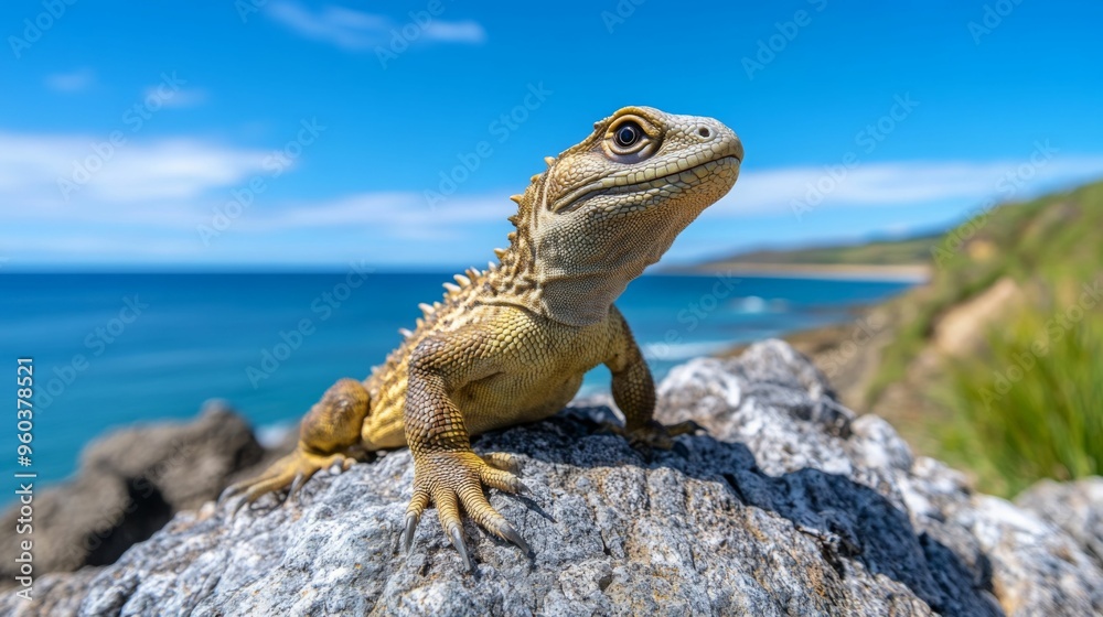 Fototapeta premium A lizard perched on a rocky surface with the ocean in the background, basking in the sunlight.