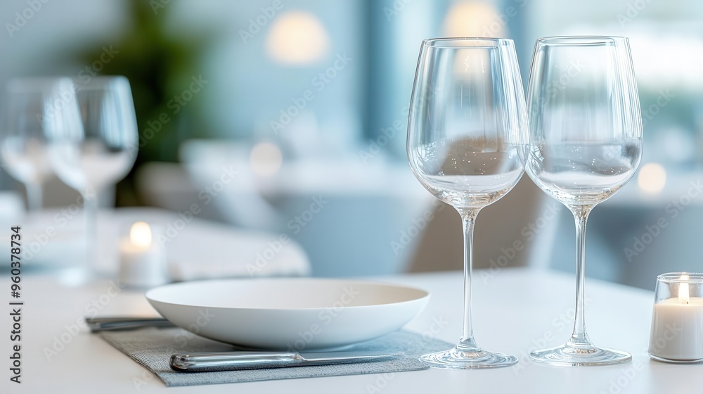Quiet dinner setting with a focus on clean, modern dinnerware, soft ambient light, Realistic, Neutral tones Quiet dinner setting with a focus on clean, modern dinnerware, soft ambient light, Realistic, Neutral tones