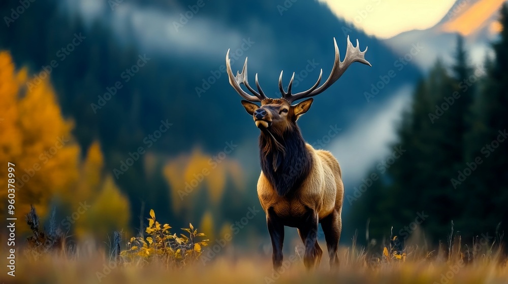 A proud elk stands in a misty mountain meadow, its large antlers reaching up as it gazes into the distance. A proud elk stands in a misty mountain meadow, its large antlers reaching up as it gazes into the distance.