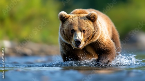 A strong bear strides through a shallow stream, water splashing up as it moves powerfully through the forest.