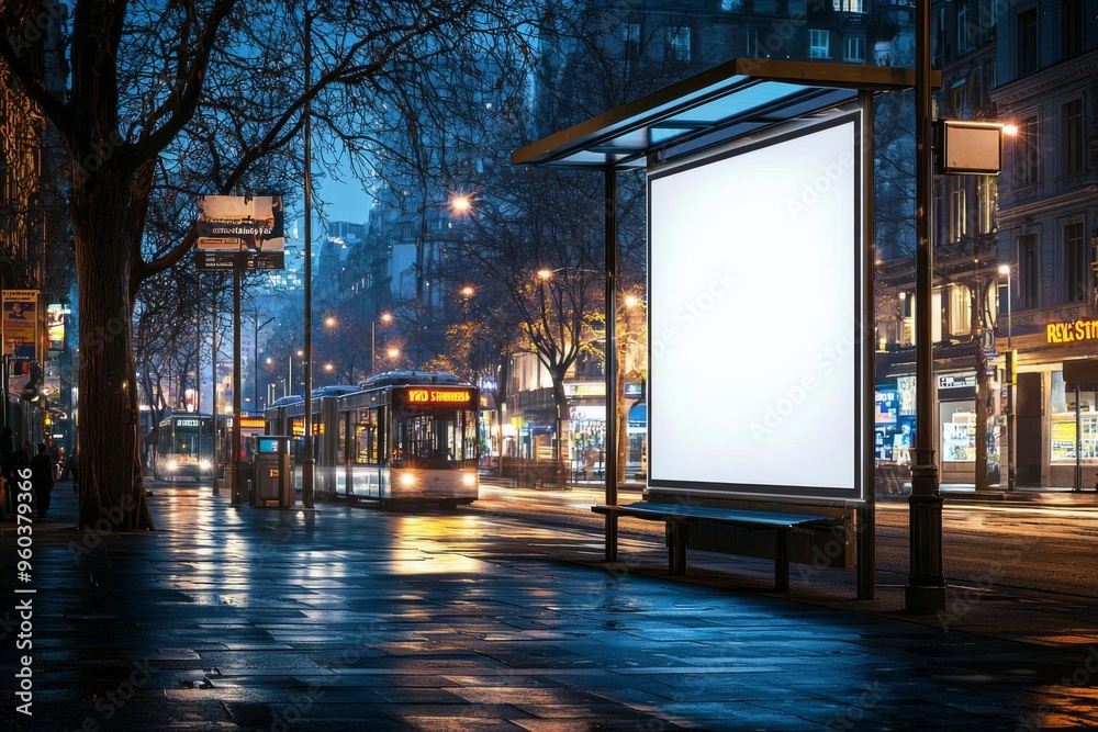 custom made wallpaper toronto digitalHyper realistic photo of  Blank white vertical digital billboard poster on city street bus stop sign at night. Street advertising bus stop mockup  , copy space for text,