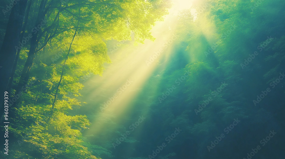 Bright morning light streaming through a forest Bright morning light streaming through a forest