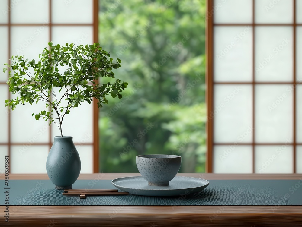 Japanese zen dining scene, minimalist table, soft lighting through paper windows, Subtle, Natural tones, Photography Japanese zen dining scene, minimalist table, soft lighting through paper windows, Subtle, Natural tones, Photography