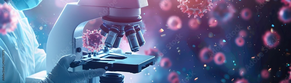 A close-up view of a scientist using a microscope to study viruses in a laboratory setting, showcasing research and innovation. A close-up view of a scientist using a microscope to study viruses in a laboratory setting, showcasing research and innovation.