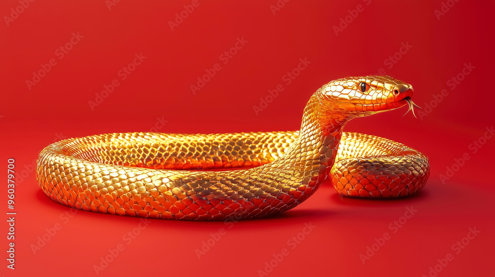 new year of the snake. The golden snake coils on a striking red background, its textured scales gleaming under soft light, while its tongue flicks out, exploring its surroundings. new year of the snake. The golden snake coils on a striking red background, its textured scales gleaming under soft light, while its tongue flicks out, exploring its surroundings.