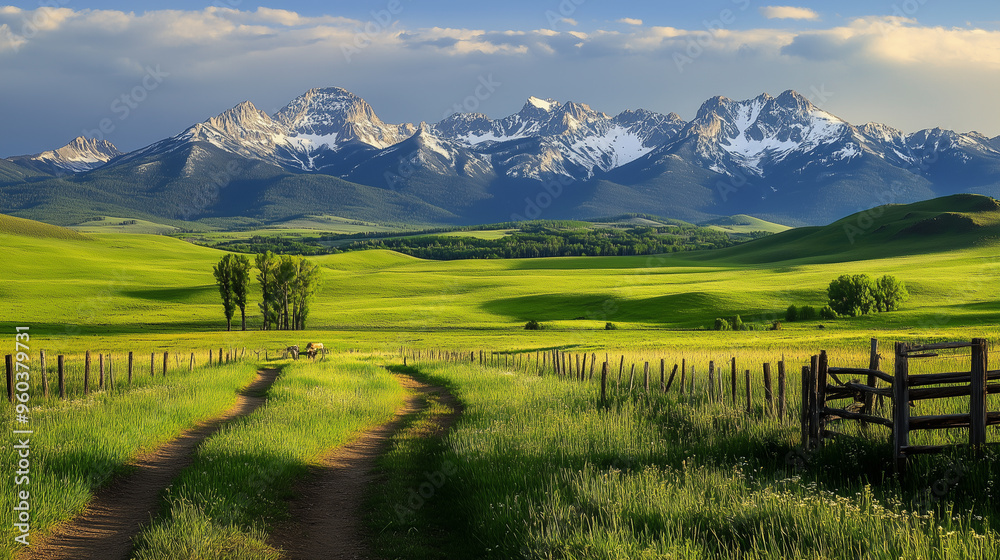Majestic Mountain Range Overlooking Verdant Prairie: A Scenic Rural Landscape