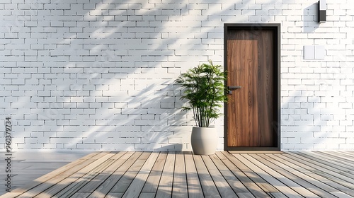 Attractive suburban front door with a wooden walkway and a pot of grass