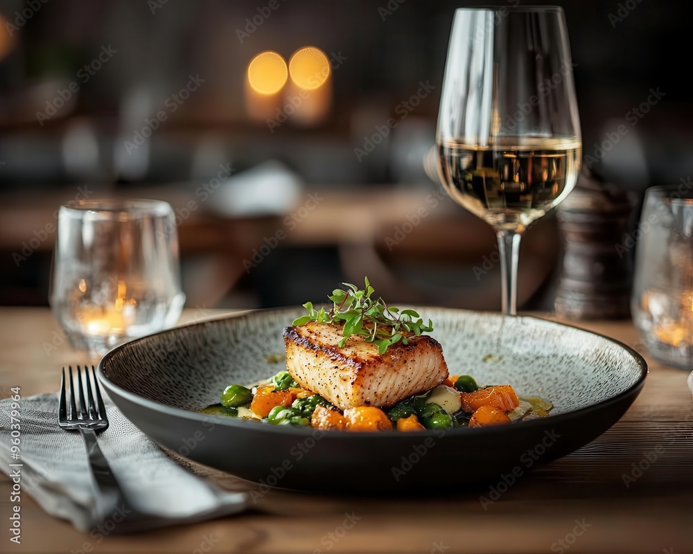 Close-up of an artistic plating of gourmet food, soft focus background, subtle textures on the dish, Modernist, Warm tones, Photography Close-up of an artistic plating of gourmet food, soft focus background, subtle textures on the dish, Modernist, Warm tones, Photography