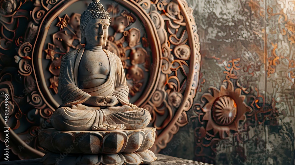 Traditional Buddha model with a decorative mandala backdrop 