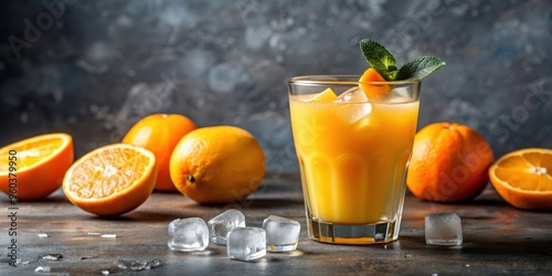 Glass of freshly squeezed orange juice with pulp and ice cubes, refreshing, citrus, healthy, drink, beverage, cold, vitamin C